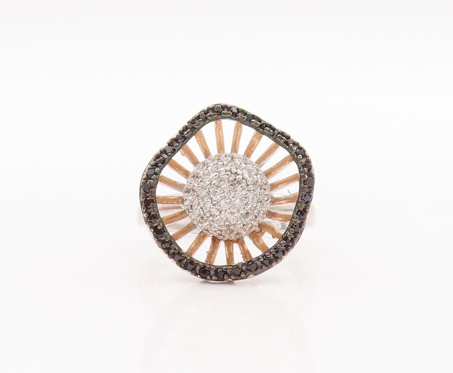 925 Sterling Silver Vintage Ring Onyx & CZ Beaded Designer Flower  Sz 6  RG28529