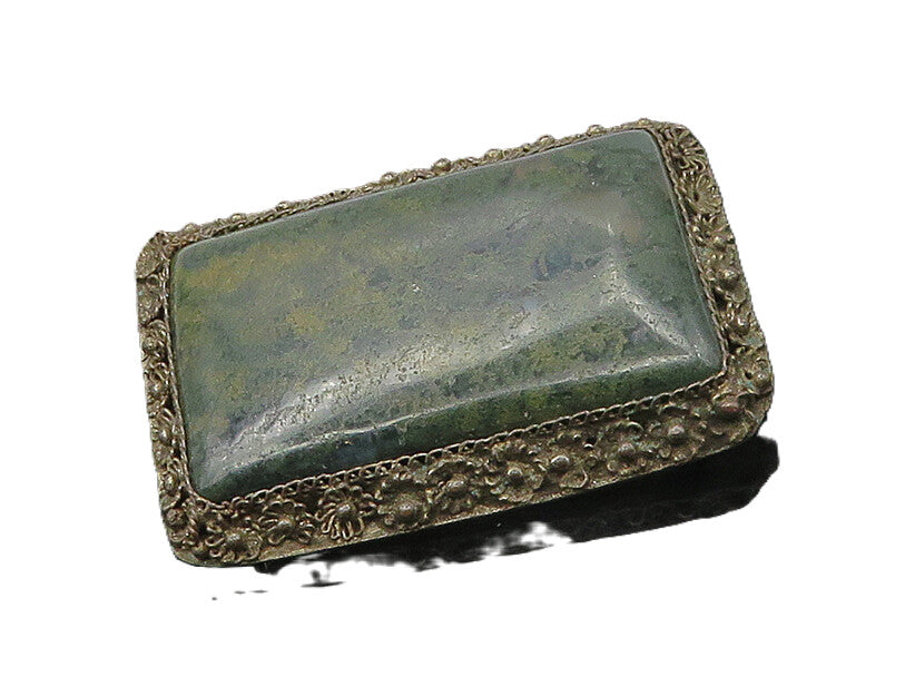 CHINA 925 Silver  Vintage Antique Jasper Floral Border Brooch Pin  BP6929