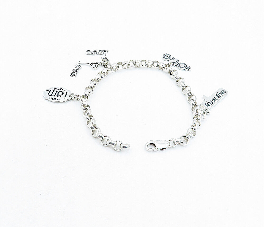 925 Sterling Silver  Assorted Stamped Charms Round Link Chain Bracelet  BT2173