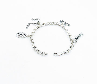 925 Sterling Silver  Assorted Stamped Charms Round Link Chain Bracelet  BT2173