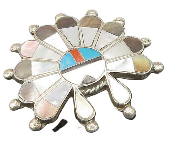 ZUNI NAVAJO 925 Silver Vintage Mother Of Pearl Multi Stone Brooch Pin BP8015