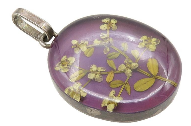 925 Sterling Silver  Vintage Glass Flower Art Oval Drop Pendant  PT7055