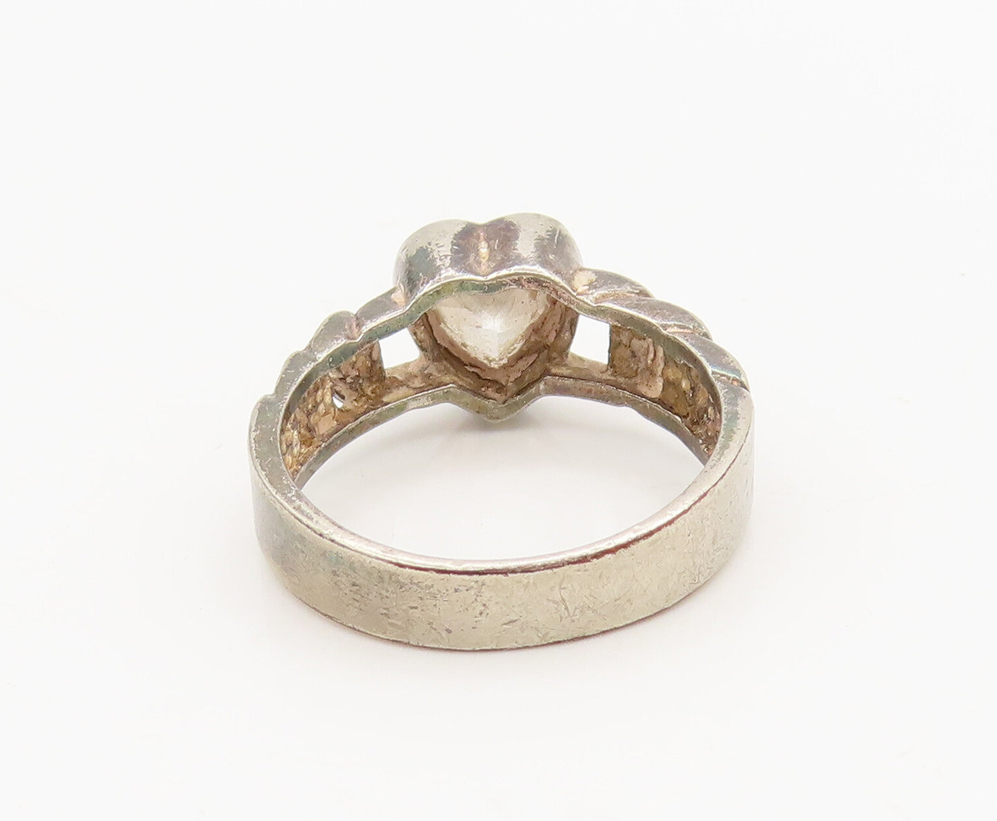 925 Silver  Vintage Lock Carved Band Heart Cutout Topaz Ring Sz 7  RG27014
