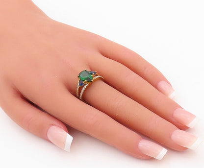 925 Sterling Silver Vintage Ring Gold Plated Green CZ & Sapphire  Sz 7  RG30069