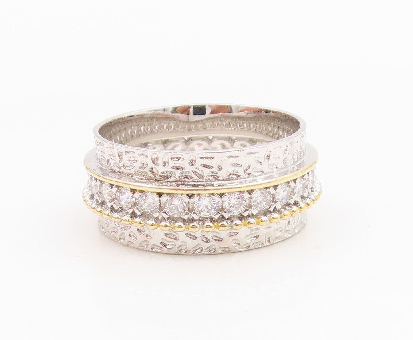 925 Sterling Silver Vintage Ring Two Tone CZ Wide Statement Band  Sz 8  RG34993
