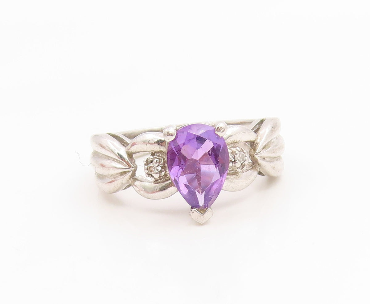 925 Sterling Silver Vintage Ring Pear Cut Amethyst Statement Band  Sz 7  RG35932