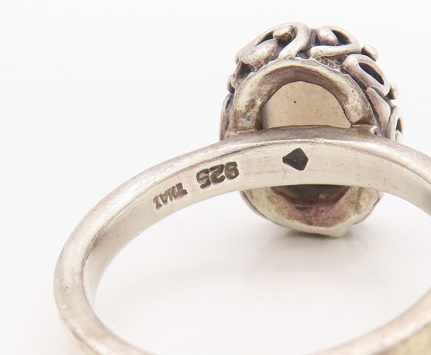 925 Sterling Silver Vintage Ring Dark Tone Carved Smoky Quartz  Sz 10  RG31137