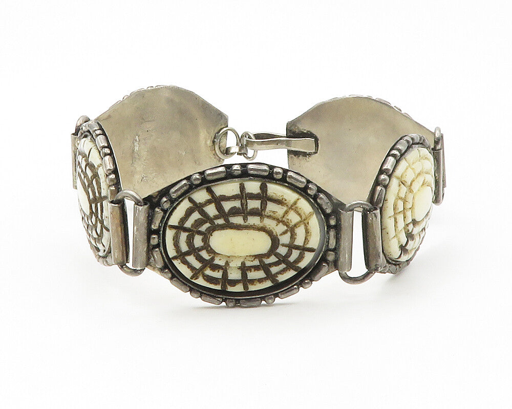 925 Sterling Silver Vintage Large Oval Carved Stone Chain Bracelet BT5528