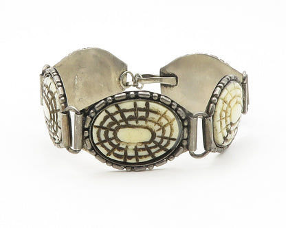 925 Sterling Silver Vintage Large Oval Carved Stone Chain Bracelet BT5528