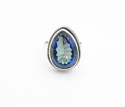 925 Sterling Silver  Faceted Tear Drop Topaz Shiny Cocktail Ring Sz 5  RG7936