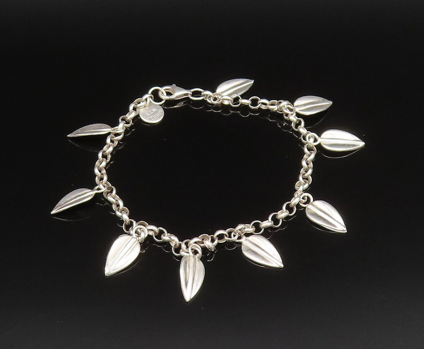RLM STUDIO 925 Silver  Vintage Polished Leaf Charm Rolo Chain Bracelet  BT9575