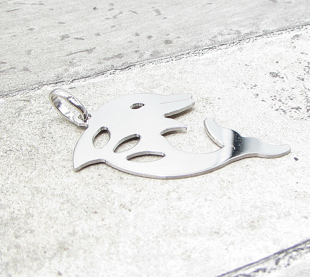 925 Sterling Silver  Smooth Cut Out Jumping Dolphin Drop Pendant  PT1396