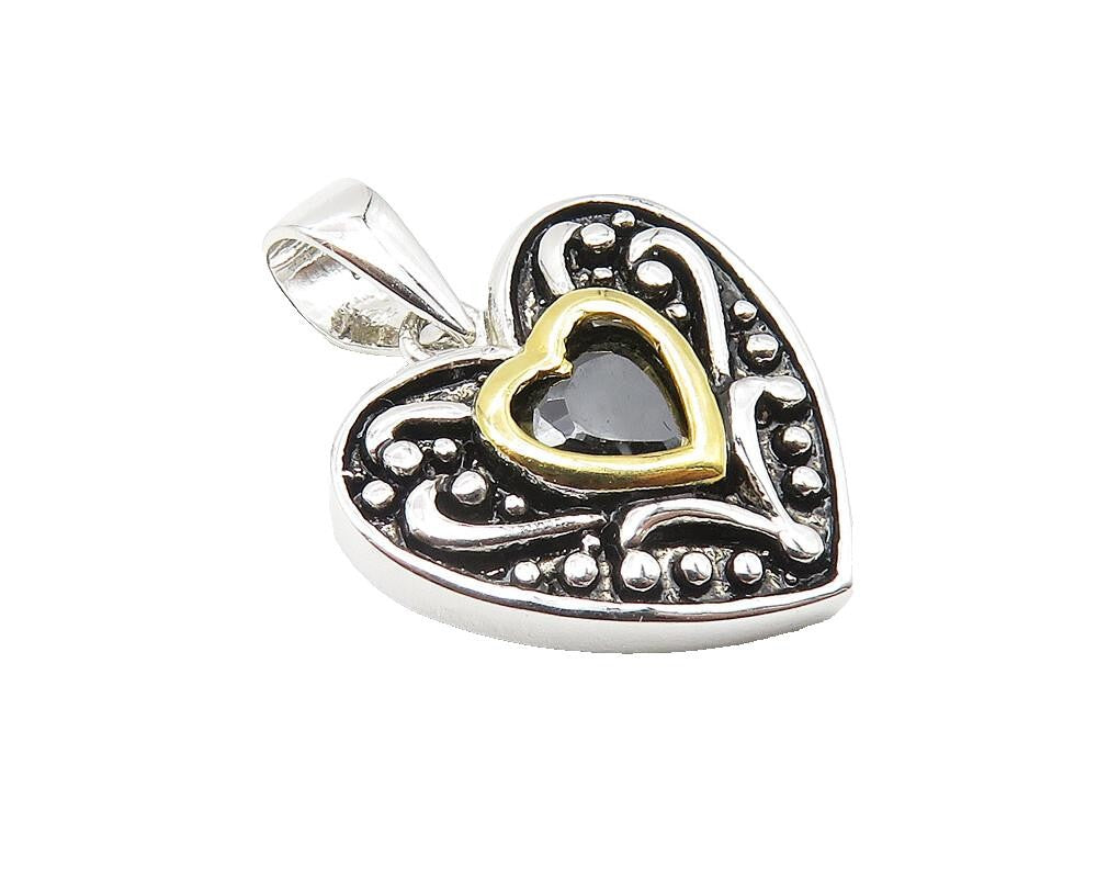 925 Sterling Silver  Shiny Hematite Two Tone Love Heart Drop Pendant  PT8312