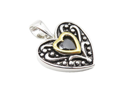 925 Sterling Silver  Shiny Hematite Two Tone Love Heart Drop Pendant  PT8312