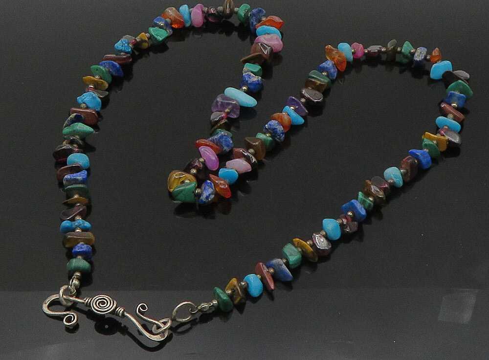 925 Silver Vintage Turquoise Sodalite & Multi Stone Chain Necklace NE3770