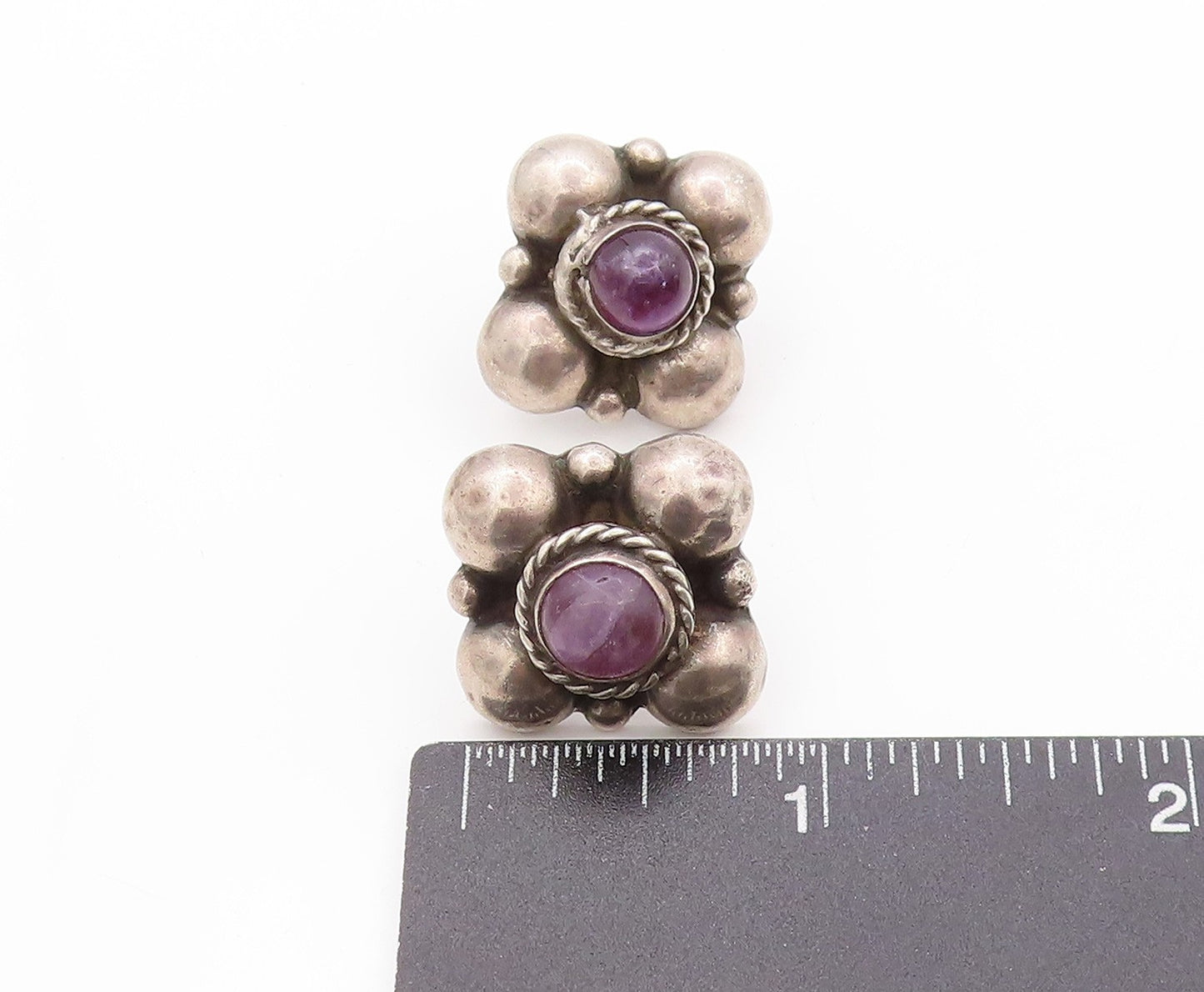 925 Sterling Silver Vintage Earrings MEXICO Antique Amethyst Flower  EG13580