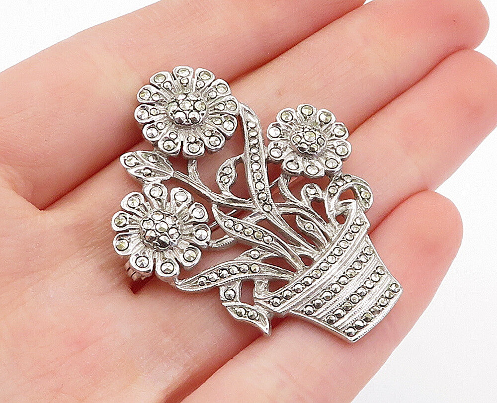 925 Sterling Silver  Vintage Sparkling Flower Pot Motif Brooch Pin  BP1106