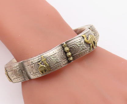 925 Sterling Silver Vintage Bracelet Etched Camel Motif Scalloped Bangle BT12154