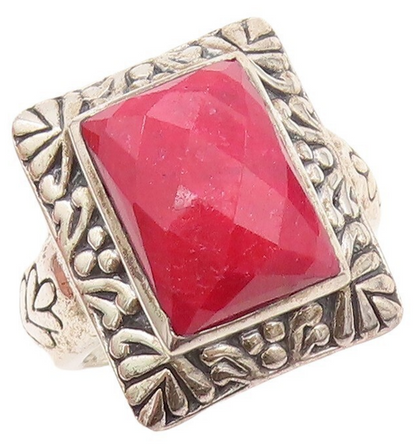 925 Sterling Silver Vintage Ring Floral Carved Frame Red Gemstone  Sz 8  RG30225