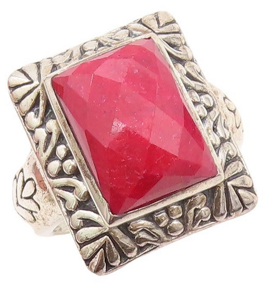 925 Sterling Silver Vintage Ring Floral Carved Frame Red Gemstone  Sz 8  RG30225