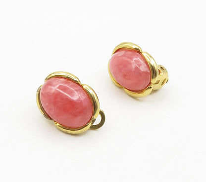 925 Silver  Cabochon Pink Quartz Shiny Gold Plated Non Pierce Earrings  EG8050