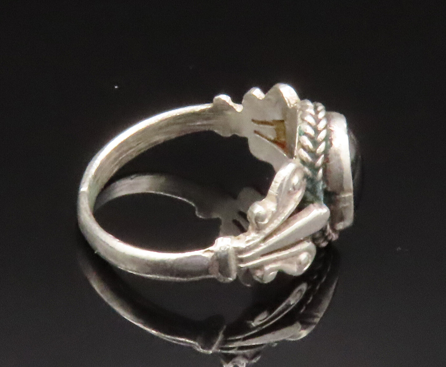 925 Sterling Silver Vintage Unique Black Cat's Eye Border Ring Sz 6  RG25209