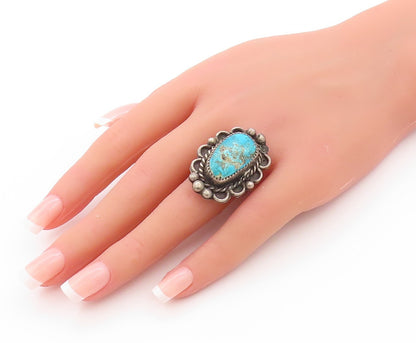 925 Sterling Silver Vintage Ring NAVAJO ZUNI Turquoise Flower  Sz 7.5  RG32669