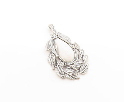 925 Sterling Silver Vintage Pendant OR PAZ ISRAEL Moonstone Floral Leaf  PT25056