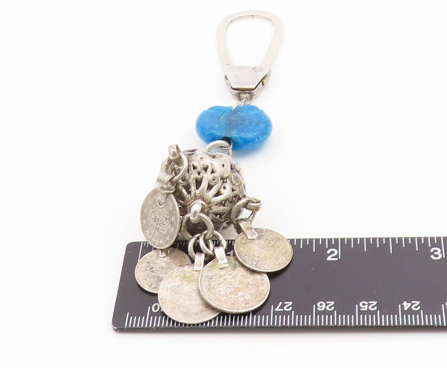 925 Sterling Silver Vintage Keychain Hamsa Evil Eye With Dangling Coins  TR4131