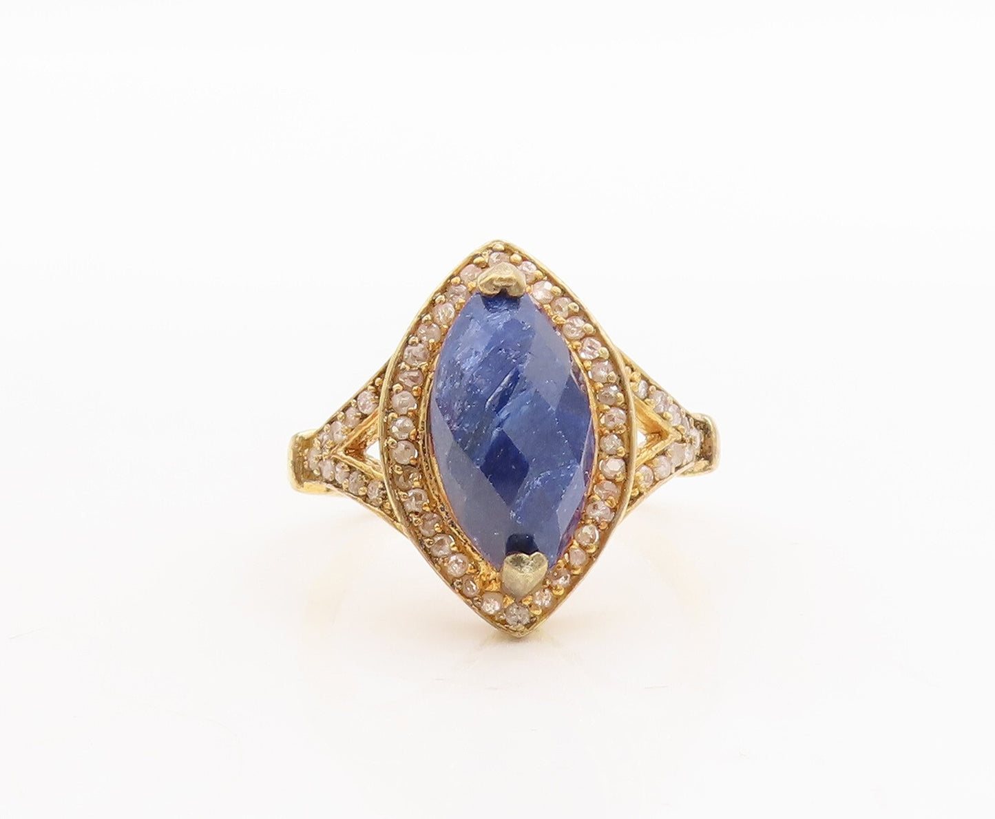 925 Sterling Silver Vintage Ring Gold Plated Sapphire & Diamonds  Sz 8  RG29775