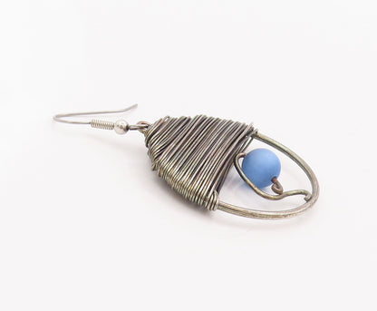 925 Sterling Silver Vintage Earrings Roped Semi Circle Beaded Moonstone  EG13020