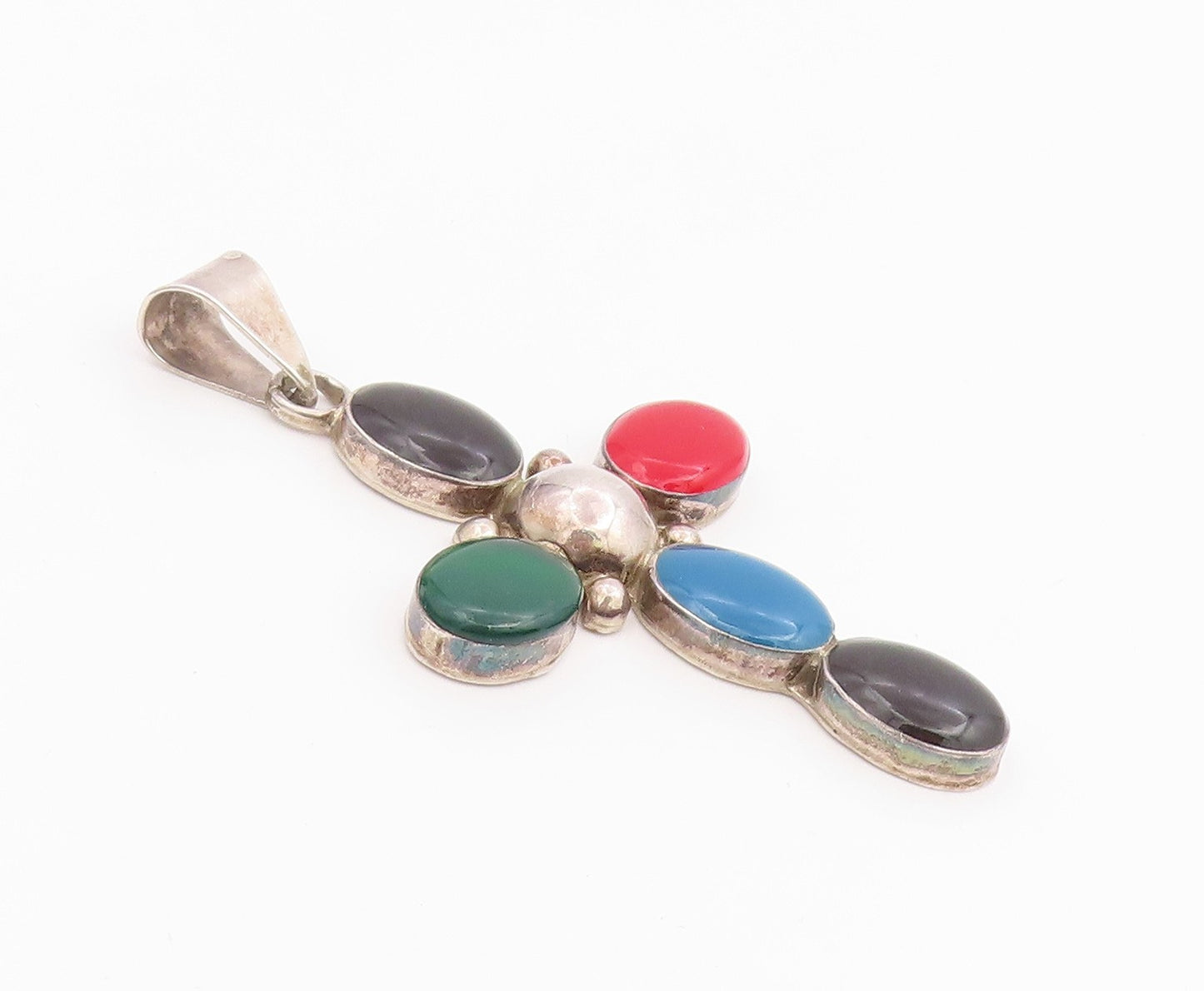 925 Sterling Silver Vintage Pendant MEXICO Cabochon Multi Gemstone Cross PT26045