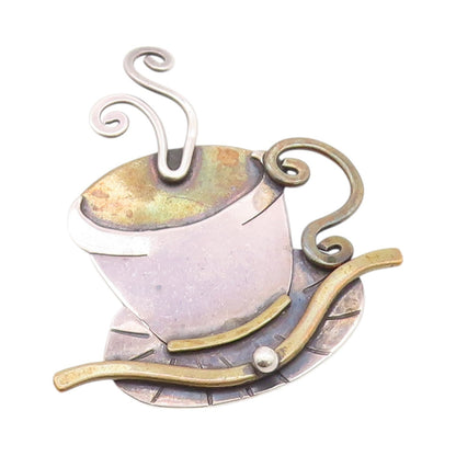 925 Sterling Silver Vintage Brooch GARDELLA Steaming Hot Coffee Cup  BP11663