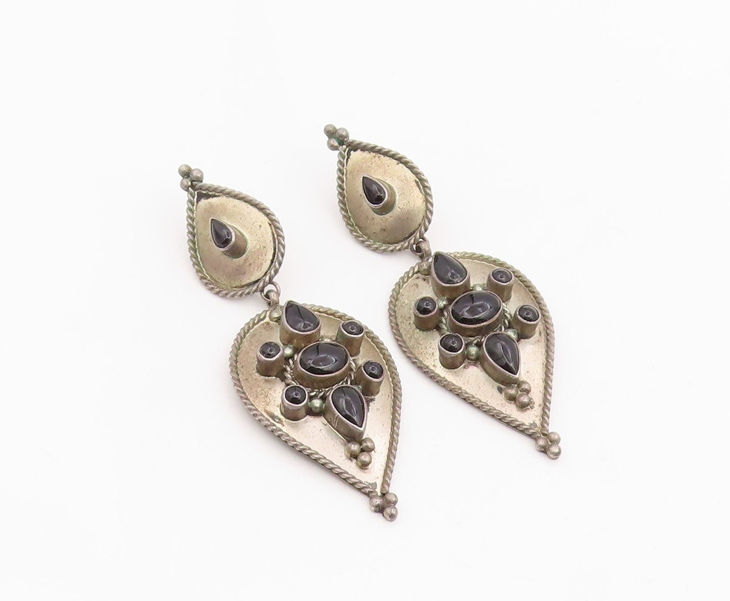925 Sterling Silver Vintage Earrings Cabochon Onyx Floral Teardrop  EG14134