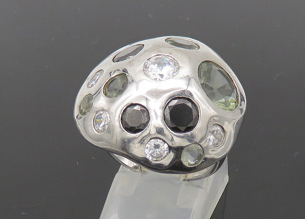 925 Silver  Vintage Cubic Zirconia & Hematite Adjustable Ring Sz 7.5  RG21393
