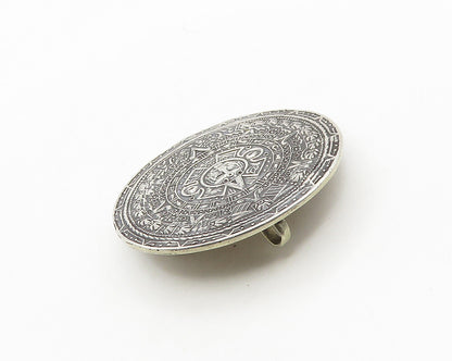 MEXICO 925 Silver  Vintage Shiny Mayan Aztec Sun Calendar Brooch Pin  BP7752