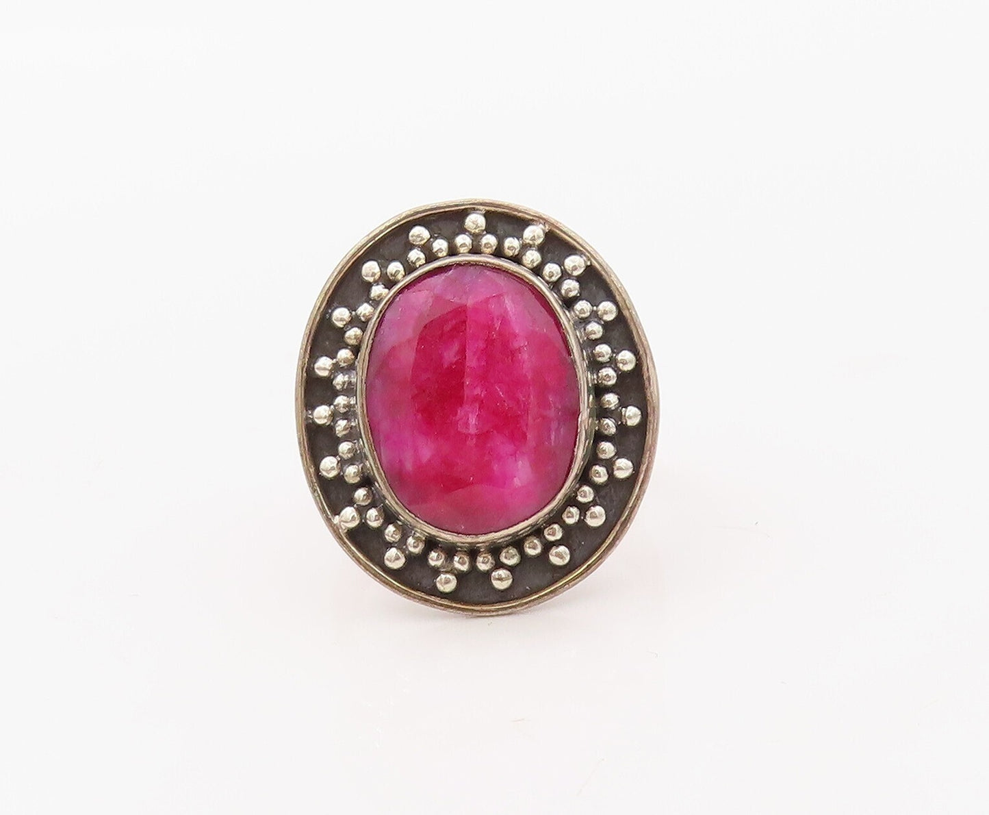 925 Sterling Silver Vintage Ring Oval Pink Gemstone Bead Framed  Sz 9  RG30759