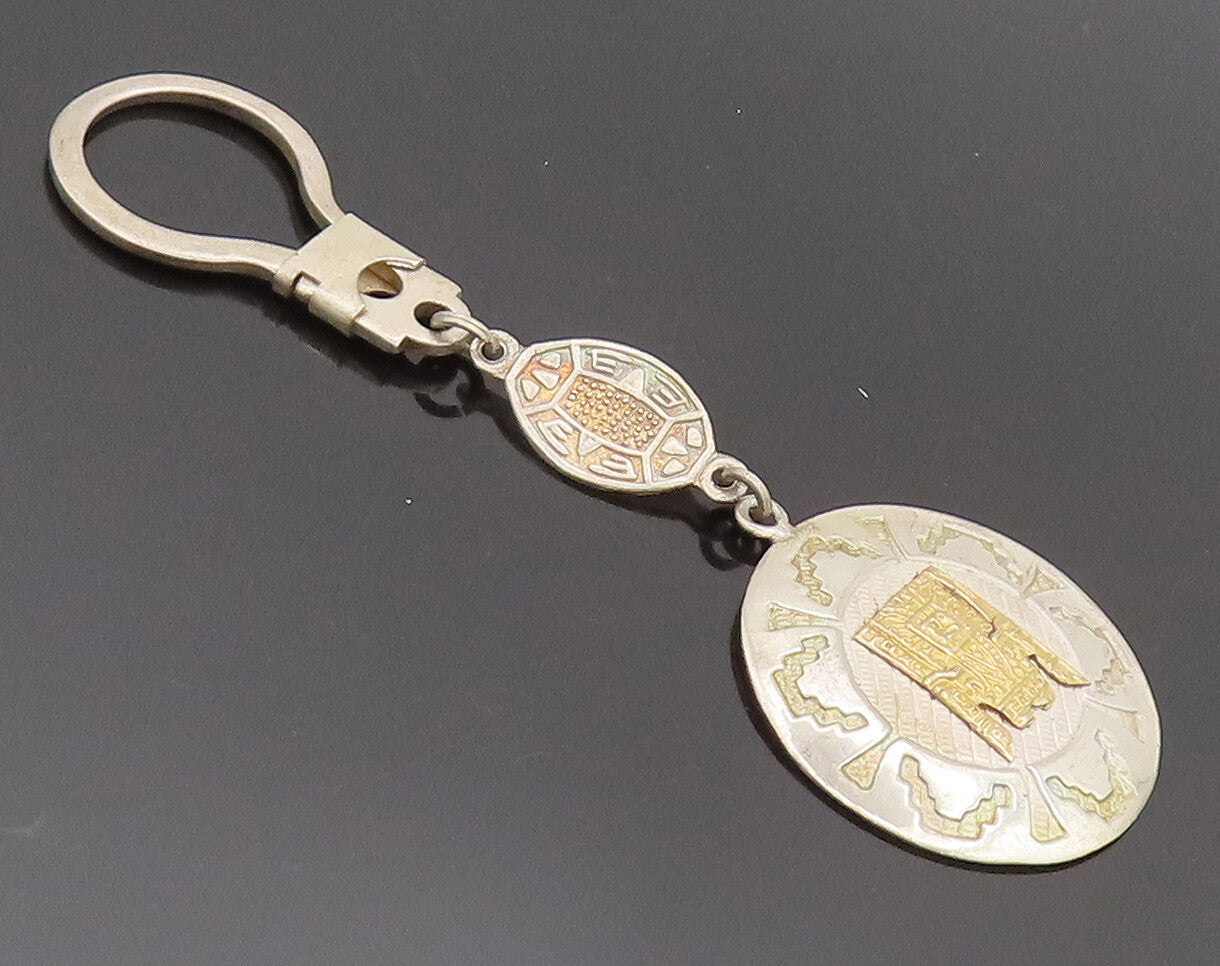 18k GOLD & 925 Silver  Vintage Peru Etched Figures Circular Keychain  TR3589