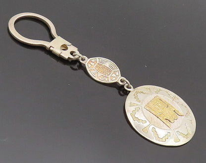 18k GOLD & 925 Silver  Vintage Peru Etched Figures Circular Keychain  TR3589