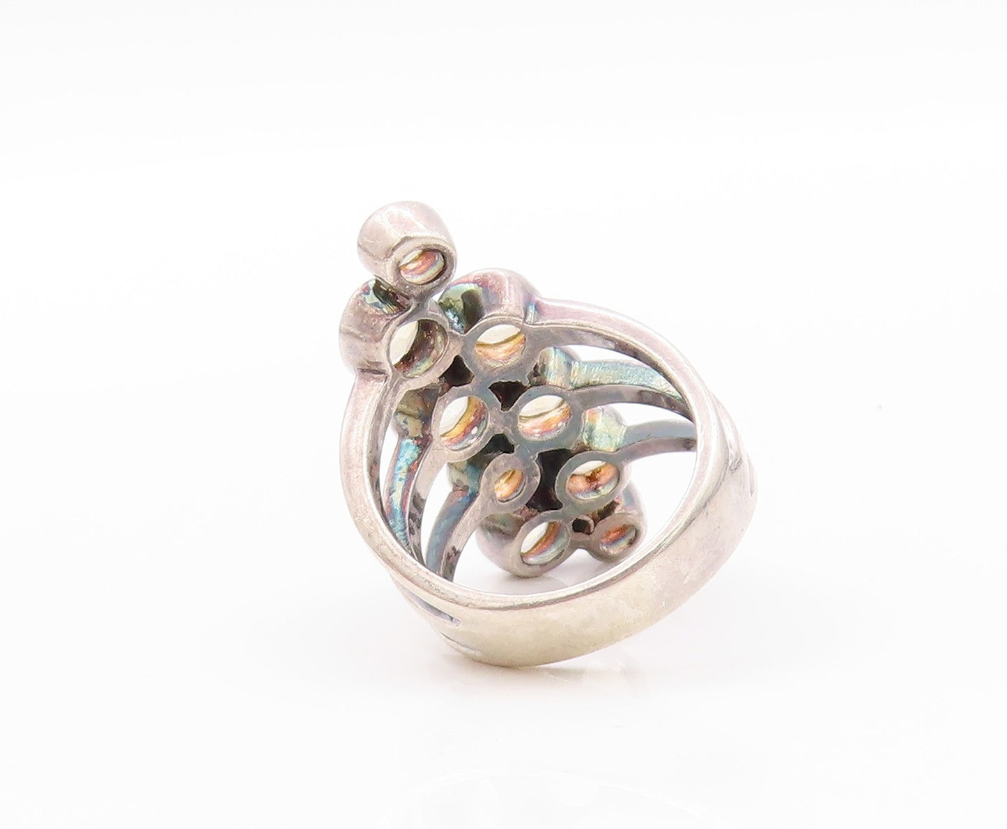 925 Sterling Silver Vintage Ring Cutout Band Round Topaz  Sz 7  RG32519