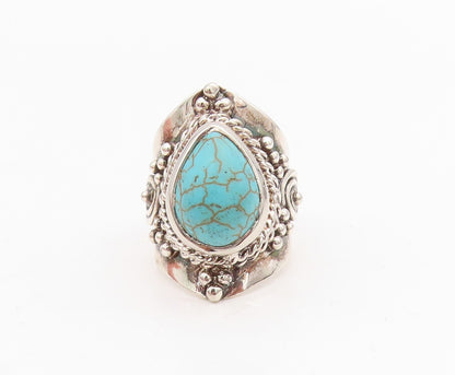 925 Sterling Silver Vintage Ring Carved Drop Shape Turquoise  Sz 9  RG31734