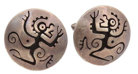 TAXCO MEXICO 925 Silver  Vintage Carved Figures Button Like Cuff Links  TR3523
