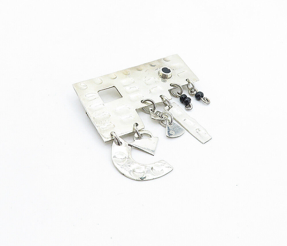 MEXICO 925 Silver  Vintage Black Onyx Dangling Charm Beads Brooch Pin  BP2080