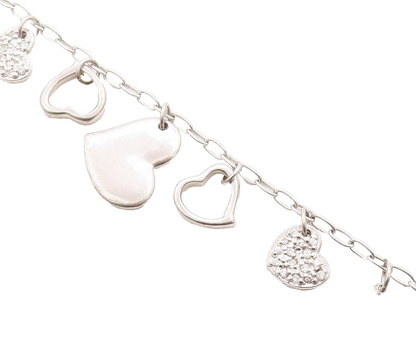 925 Sterling Silver  Vintage Topaz Love Heart Charmed Chain Bracelet  BT1496