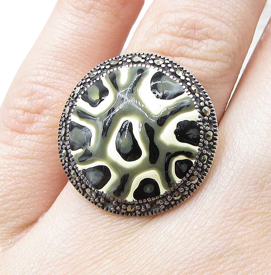 925 Sterling Silver Marcasite Multi Colored Enamel Shield Ring Sz 6 RG1553