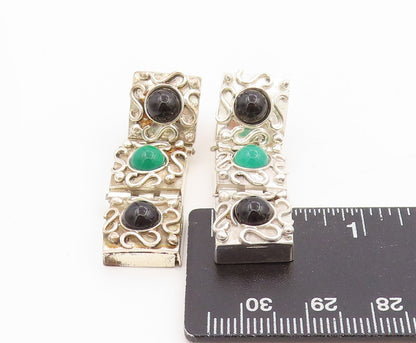 925 Sterling Silver Vintage Earrings Cabochon Onyx Geometric Panel Stud  EG13775
