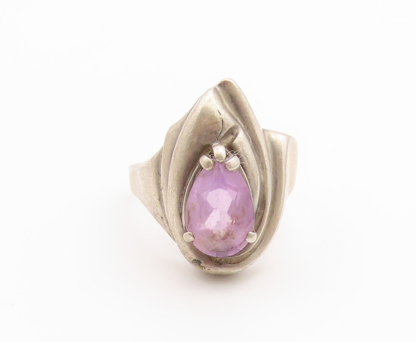 925 Sterling Silver Vintage Ring Pear Cut Amethyst Ribbed Band  Sz 10  RG36705