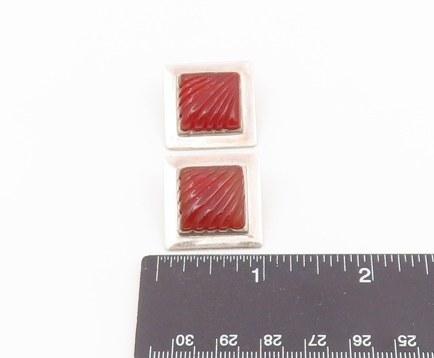 925 Sterling Silver Vintage Earrings Fluted Carnelian Geometric Clip On  EG14499