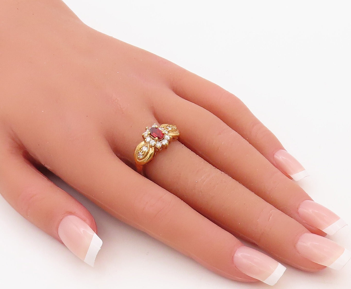 925 Sterling Silver Vintage Ring Gold Plated Garnet & CZ Flower  Sz 7  RG30314