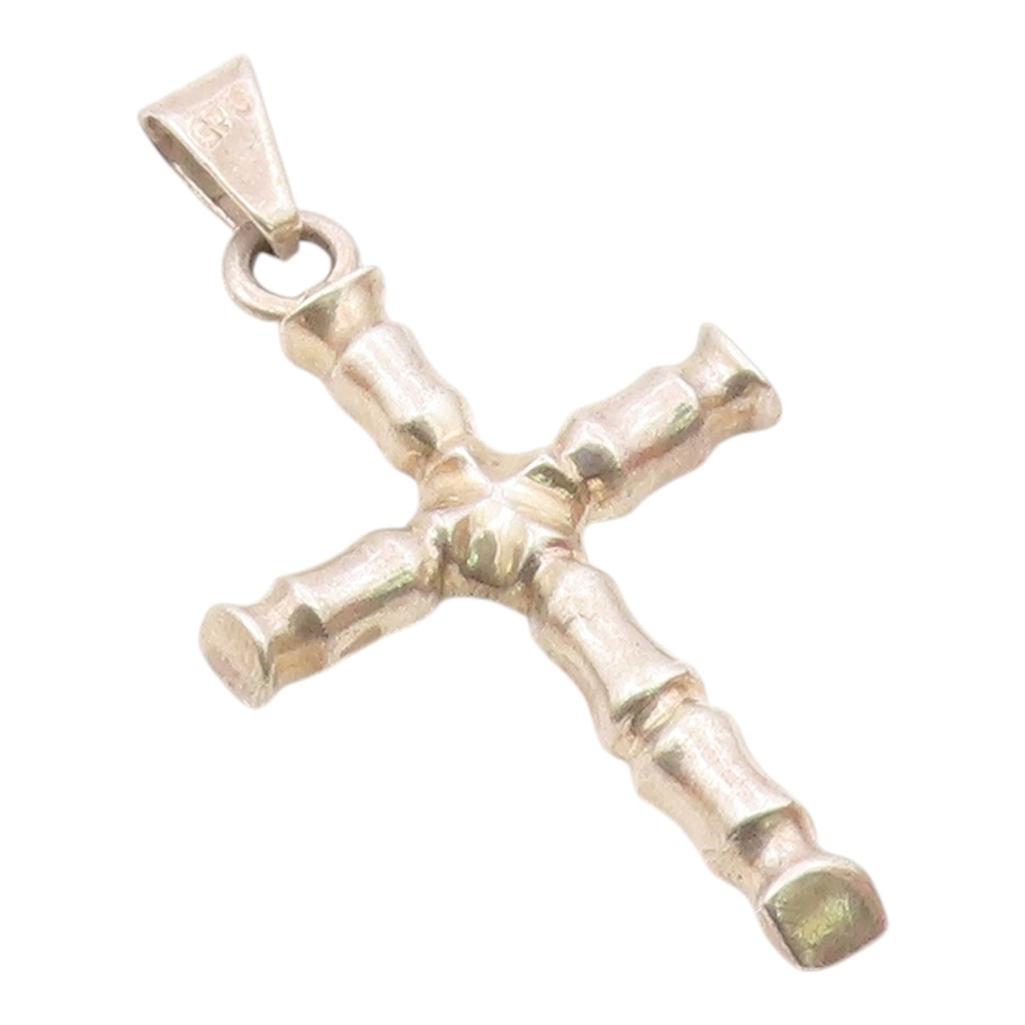 925 Sterling Silver  Vintage Shiny Bamboo Religious Cross Pendant  PT19291